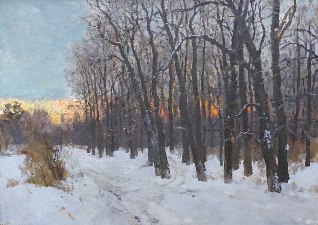 Russian School (1906-1984), oil on canvas, 'Winter woodland at sunset', inscribed verso and dated 1958, 57 x 80cm, Nikolai Shelyuto